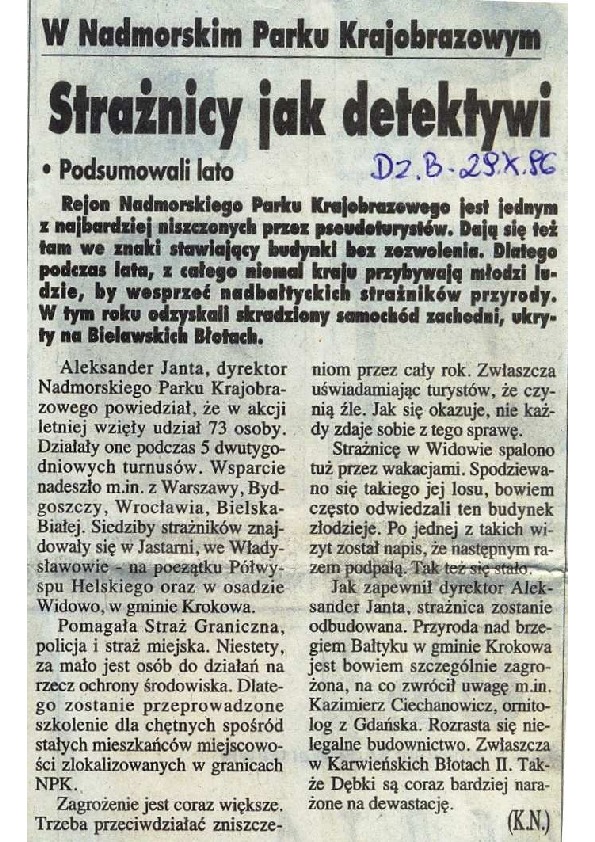 Okładka: W NPK - strażnicy jak detektywi. Dziennik Bałtycki 29.10.1996